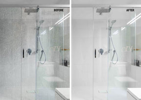 GLASSGUARD Glass Restoration Stain Remover. Before image with stains and soap scum on shower screen, after image with clean and restored shower screen.